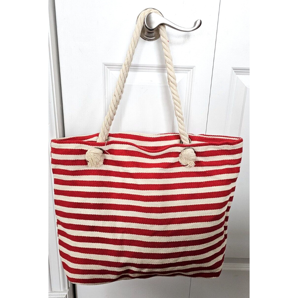 Weekender Beach Red Cream Striped Tote Bag Rope Handle 19in x 14.5in Nautical